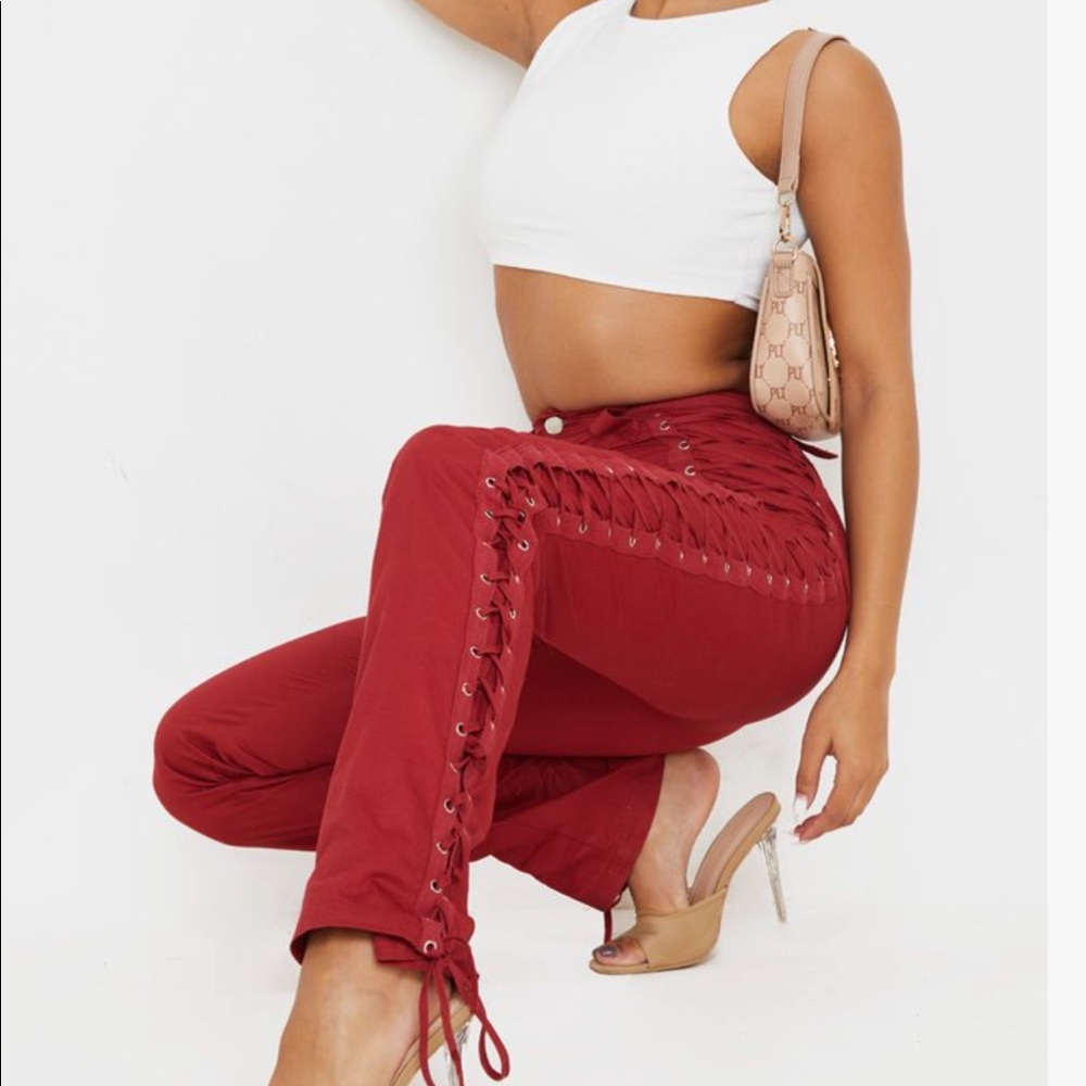Burgundy woven  lace up detail straight leg pants
